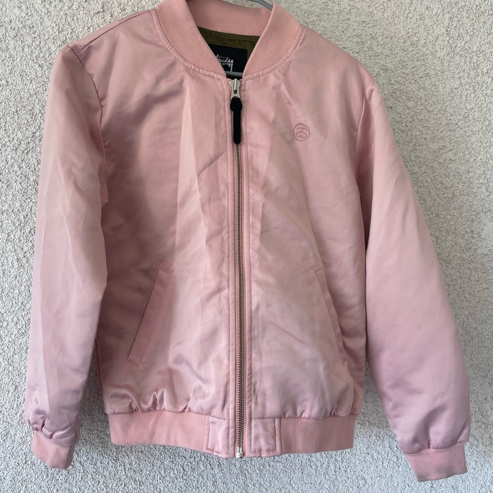 Stussy baby pink bomber jacket size medium womens